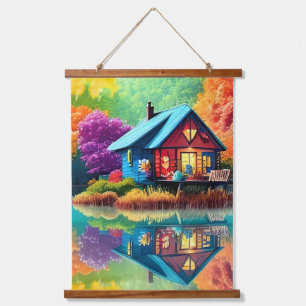 Naturlandschaft Illustration mit Hütte des Sees Wandteppich Mit Holzrahmen
