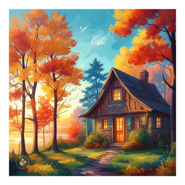 Naturlandschaft mit Hütte im Wald Fotodruck (Vorne)