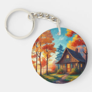 Naturlandschaft mit Hütte im Wald Schlüsselanhänger