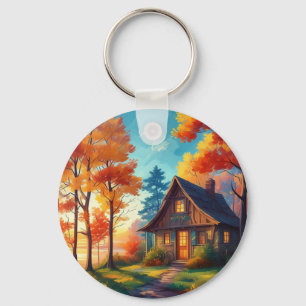 Naturlandschaft mit Hütte im Wald Schlüsselanhänger