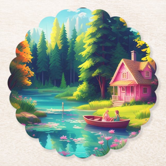 Naturlandschaft mit rosa Hütte-68486 Untersetzer (Vorderseite)