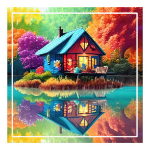 Naturlandschaft mit See, Hütte, Herbst Fotodruck