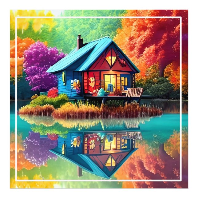 Naturlandschaft mit See, Hütte, Herbst Fotodruck (Vorne)