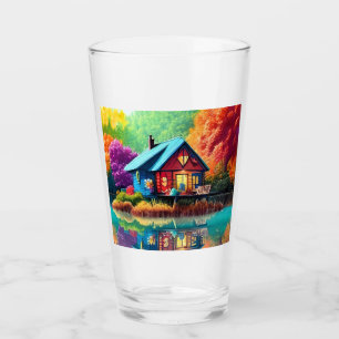 Naturlandschaft mit See, Hütte, Herbst Glas