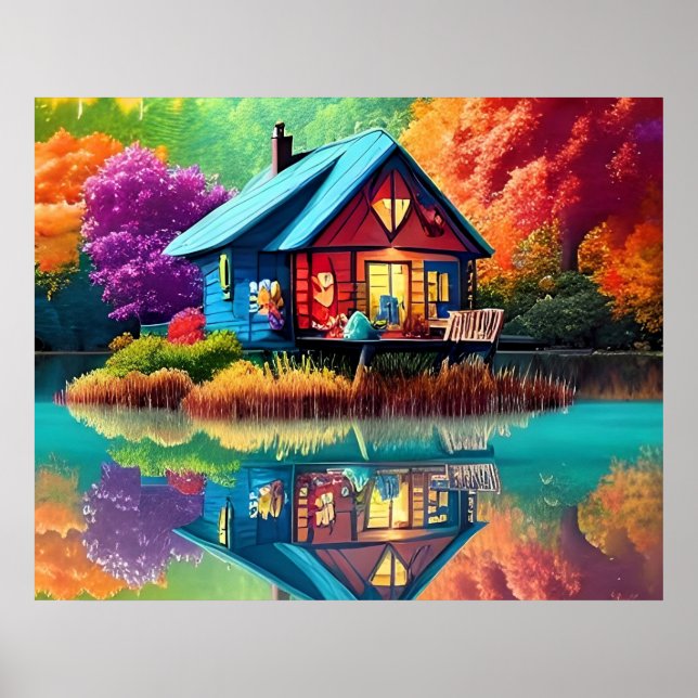 Naturlandschaft mit See, Hütte, Herbst Poster (Vorne)