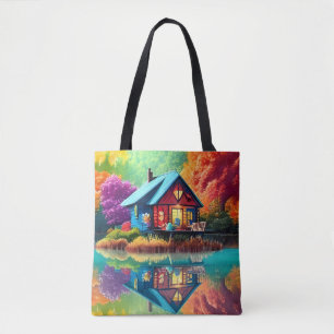 Naturlandschaft mit See, Hütte, Herbst Tasche