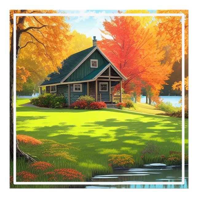 Naturlandschaft mit See und Hütte Fotodruck (Vorne)