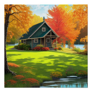 Naturlandschaft mit See und Hütte Poster
