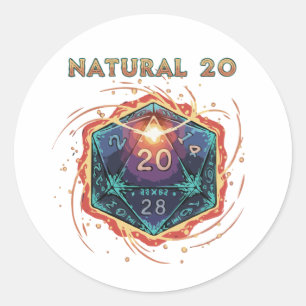 Natürliche 20 Flammende D20 Würfel   Epischer D&D  Runder Aufkleber