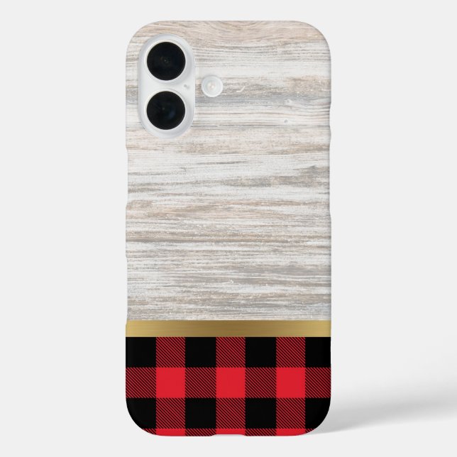 Natürliche Holztextur und Buffalo Kariert iPhone 16 Hülle (Rückseite)