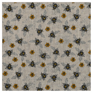 Natürliche Linen Rustikale Illustrierte Honey Bee  Stoff