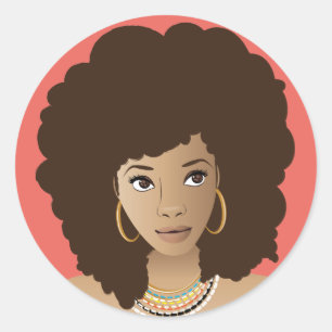 Natürliche Schönheit, braune Afro, Koralle Runder Aufkleber