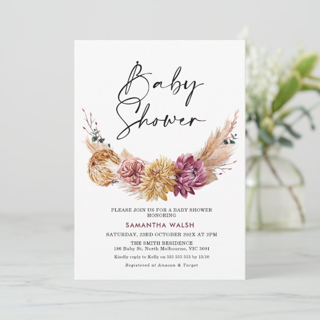 Natürliche Töne Pflaumenfarbe Boho Blumenbaby-Dusc Einladung (Stehend Vorderseite)