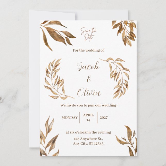 Natürliche, weiße und braune Hochzeit Einladung (Vorderseite)