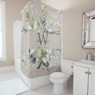 Natürlicher neutraler Grüner-Monogramm-Hochzeitsku Duschvorhang