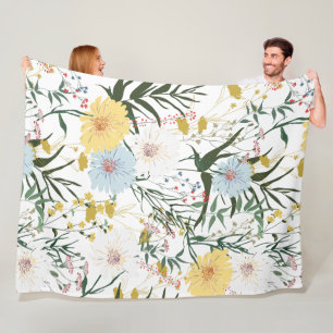 Natürliches Elfenbein und blaue Blütenblüte l Fleecedecke