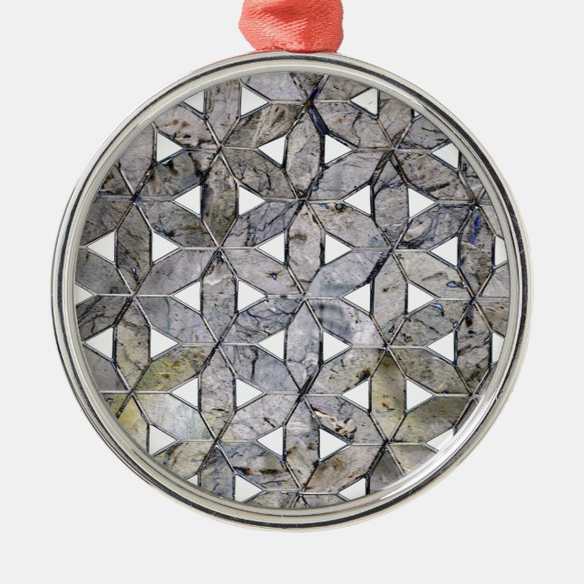 Natürliches graues Steinmosaik, Blume des Lebens Silbernes Ornament (Vorne)