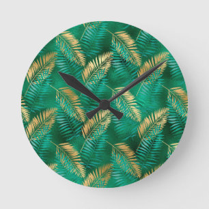 Natürliches Smaragdgrün Palmwedel Hellgolden Runde Wanduhr