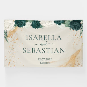 Natürliches Smaragdgrün und Rosa Rosen Florale Hoc Banner