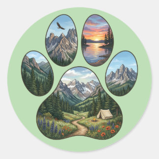 Naturliebhaber Berglandschaft Pfotenabdruck Grafik Runder Aufkleber