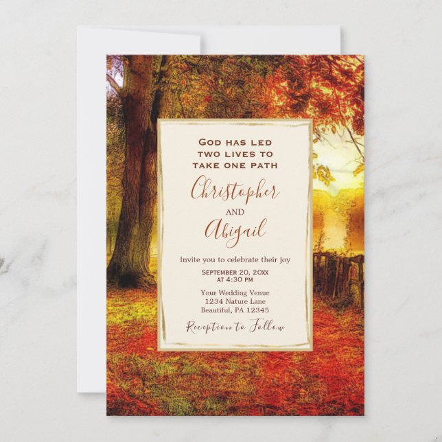Naturpfad Herbstläufe fallen Christliche Hochzeit Einladung (Vorderseite)