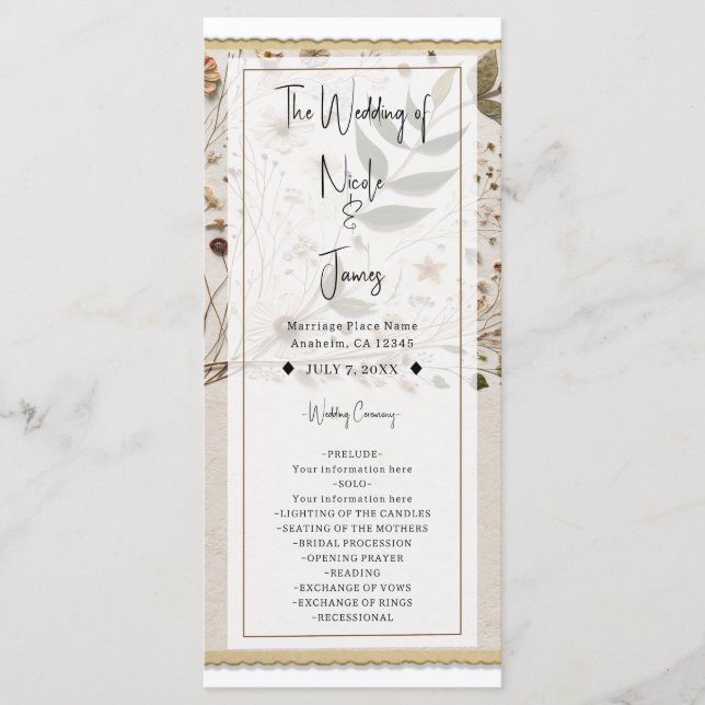 Naturschöne Botanische Blumen & Blätter Hochzeit Programm (Vorderseite)
