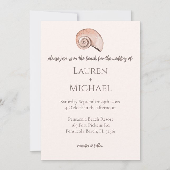 Naturschöner Strand Seashell Hochzeitseinladung Einladung (Vorderseite)