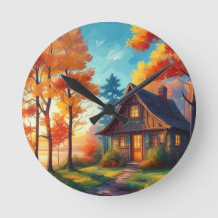 Naturszene mit einem Cottage im Wald-68780 Runde Wanduhr