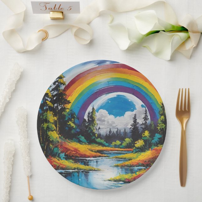 Naturwald im Freien und Regenbogen Pappteller (Hochzeit)