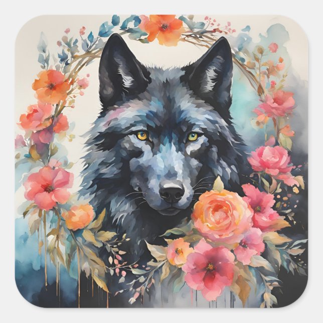 Naturzauber - Der bezaubernde Wolf im Blume Parad Quadratischer Aufkleber (Vorderseite)