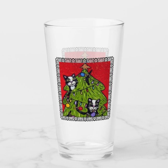 Naughty Cats Klettern Weihnachtsbaum Schwarzer Rah Glas (Vorderseite)