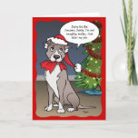 Naughty Dog Funny Santa Pit Bull Weihnachten<br><div class="desc">Verschicken Sie lustige Weihnachtskarten an Familie und Freunde mit Ihrem eigenen personalisierten Witz, Text und in der fröhlichen Urlaubsbotschaft. Das Originalwerk von Raphaela Wilson zeigt eine niedliche Cartoon-Abbildung eines grauen und weißen Pit Bulls mit einer Weihnachtsmannmütze. Er schnappte ein Stück rote Hose des Weihnachtsmanns, und mit einem Blick auf die...</div>