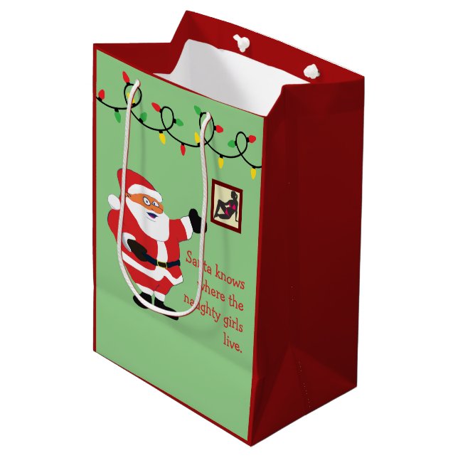 Naughty Girl Bad Santa Funny Joke Spaß Spaß Mittlere Geschenktüte (Vorderseite Schrägansicht)
