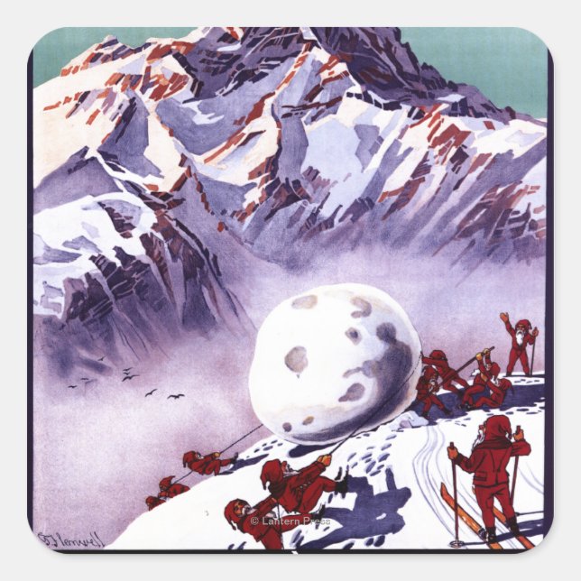 Naughty Gnomes machen Riesenschneeballplakat Quadratischer Aufkleber (Vorderseite)