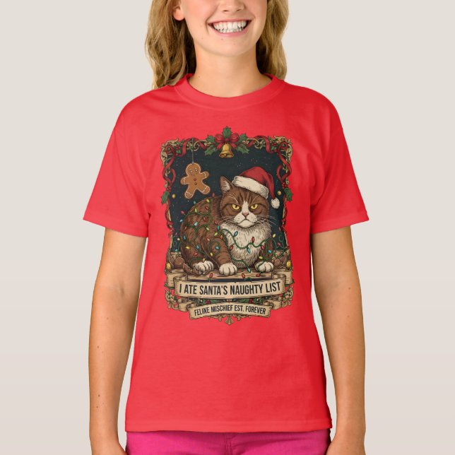 "Naughty List" Cat Christmas Humor. T-Shirt (Vorderseite)