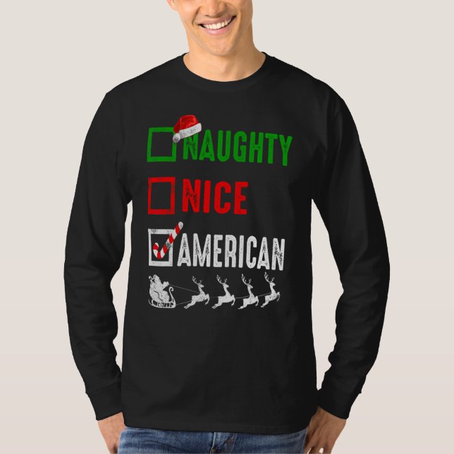 Naughty Nice American Christmas Pajamas Funny Sant T-Shirt (Vorderseite)