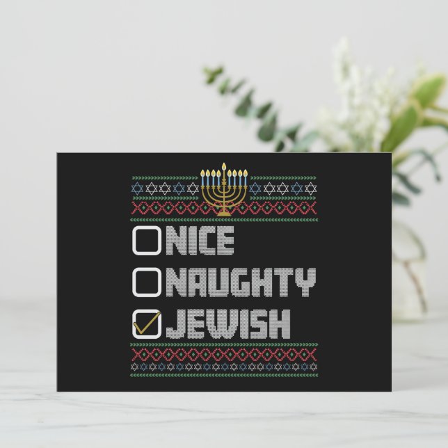 Naughty Nice Jewish Santa Ugly Christmas Hanukkah Einladung (Stehend Vorderseite)