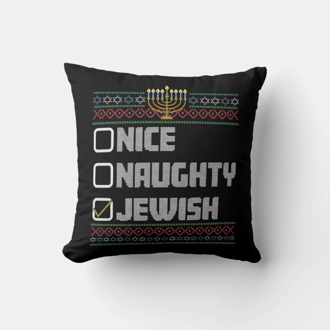 Naughty Nice Jewish Santa Ugly Christmas Hanukkah Kissen (Vorderseite)