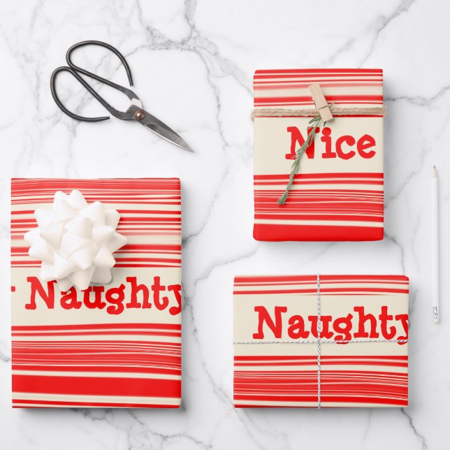 Naughty Nice Red Peppermint Candy Marmorstreifen Geschenkpapier Set (Vorderseite)