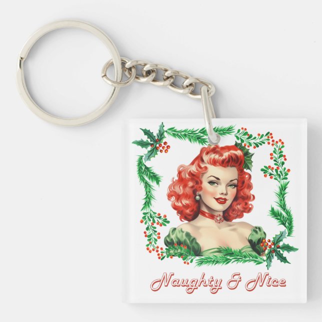 Naughty & Nice Retro Christmas Pinup Schlüsselanhänger (Vorderseite)