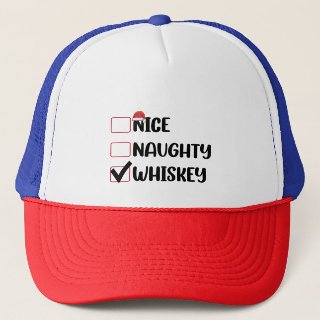 Naughty Nice Whiskey Weihnachtsliste Truckerkappe (Vorderseite)