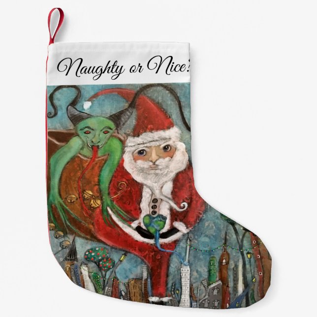 Naughty oder Nice Santa and Krampus Art Kleiner Ch Kleiner Weihnachtsstrumpf (Vorderseite)