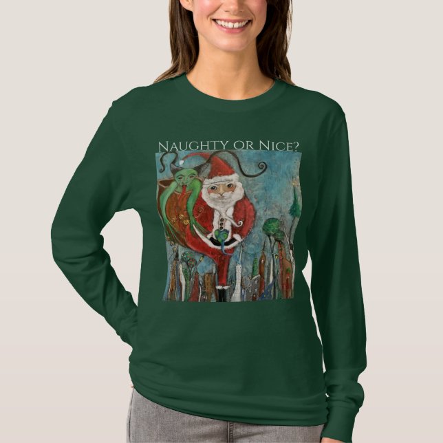 Naughty oder Nice Santa and Krampus Art  T-Shirt (Vorderseite)