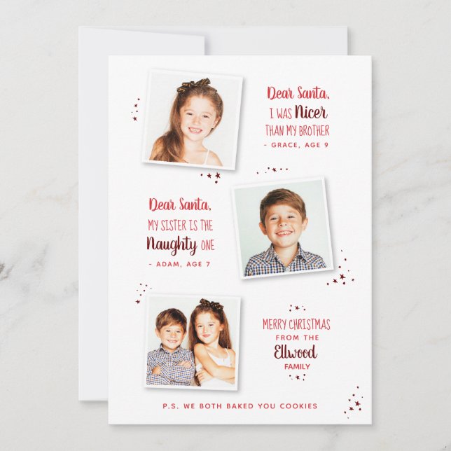 Naughty oder Nice Sibling Funny Weihnachtskarte (Vorderseite)