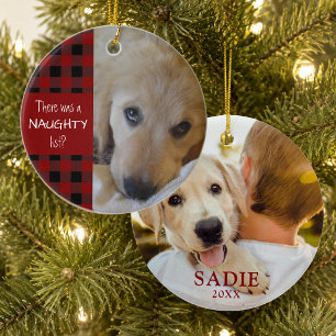 Naughty or Nice Pet Photo Red Plaid Personalized Keramik Ornament