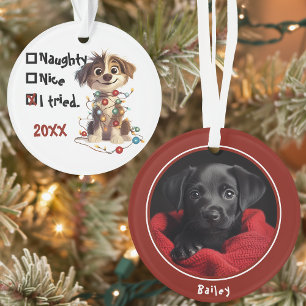 Naughty Puppy Santa Checklist Red Ornament