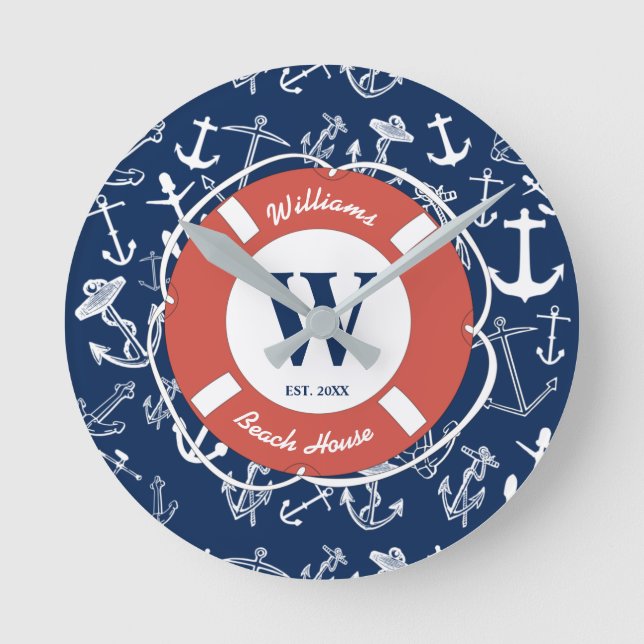 Naugram Navy Blue Anchor Beach House Runde Wanduhr (Vorderseite)