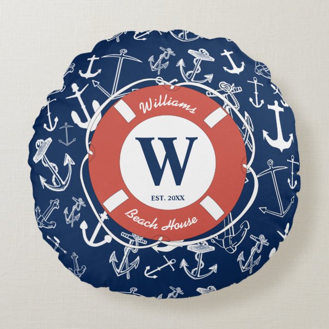 Naugram Navy Blue Anchor Beach House Rundes Kissen (Vorderseite)