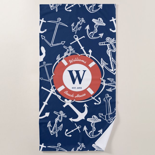 Naugram Navy Blue Anchor Beach House Strandtuch (Vorderseite)