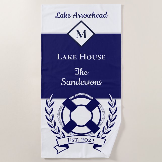 Nausea Blue White Monogram Lake House Be Strandtuch (Vorderseite)